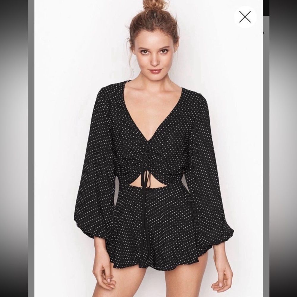 Victoria’s Secret Satin Ruched Front Cutout Romper Black & White Polka Dot Sz XL